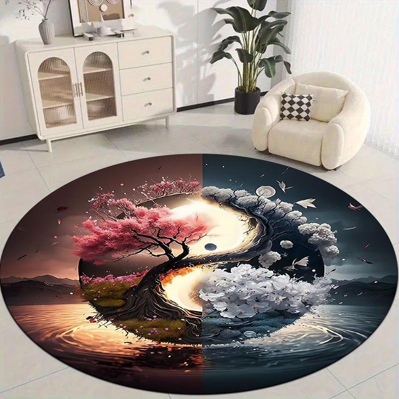 Cherry Blossom Mountain View Flannel-printed round floor mats are slip-resistant Suitable for living room terrace garden carpets