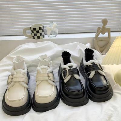 British College Style Casual One-Pedal Small Leather Shoes Cotton Shoes Platform Soled Velvet Loafers Women