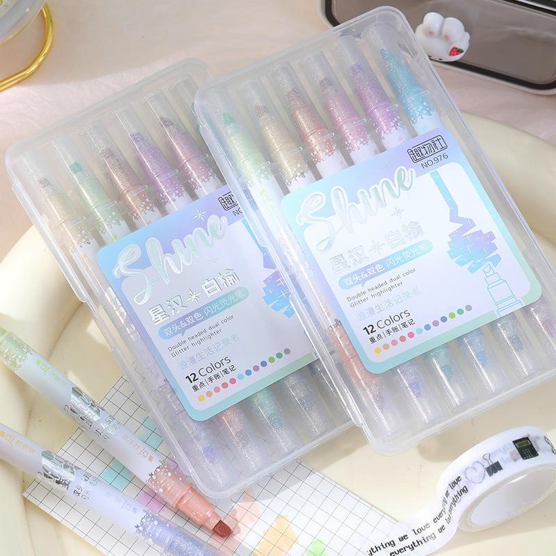 6pcs/Set 12 Colors Glitter Highlighters Kawaii Students Stationery Marker School Supplies Textbook for Painting School Supplies