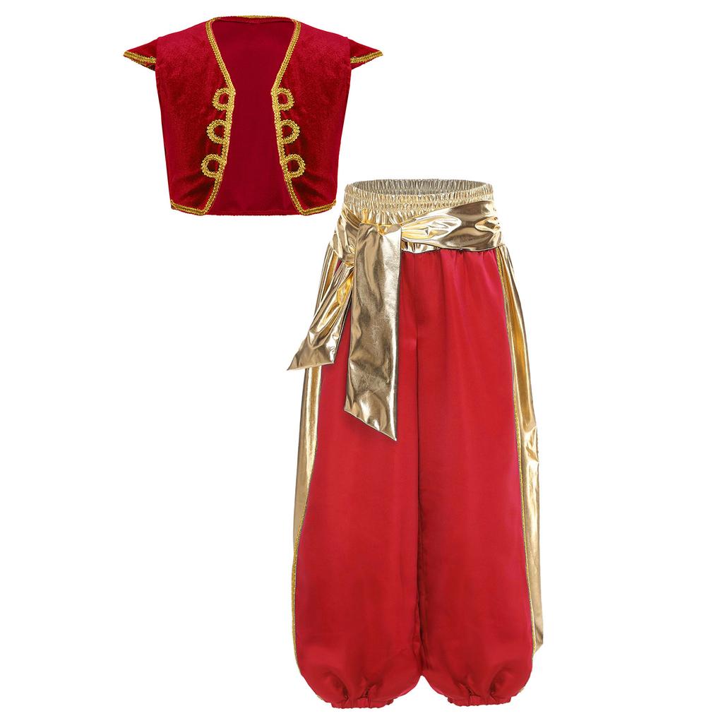 Set Costume da Principe Arabo per Ragazzo Manica a Cappuccio Gilet Intrecciato Patchwork Metallico Lucido Pantaloni a Palloncino Color Contrasto