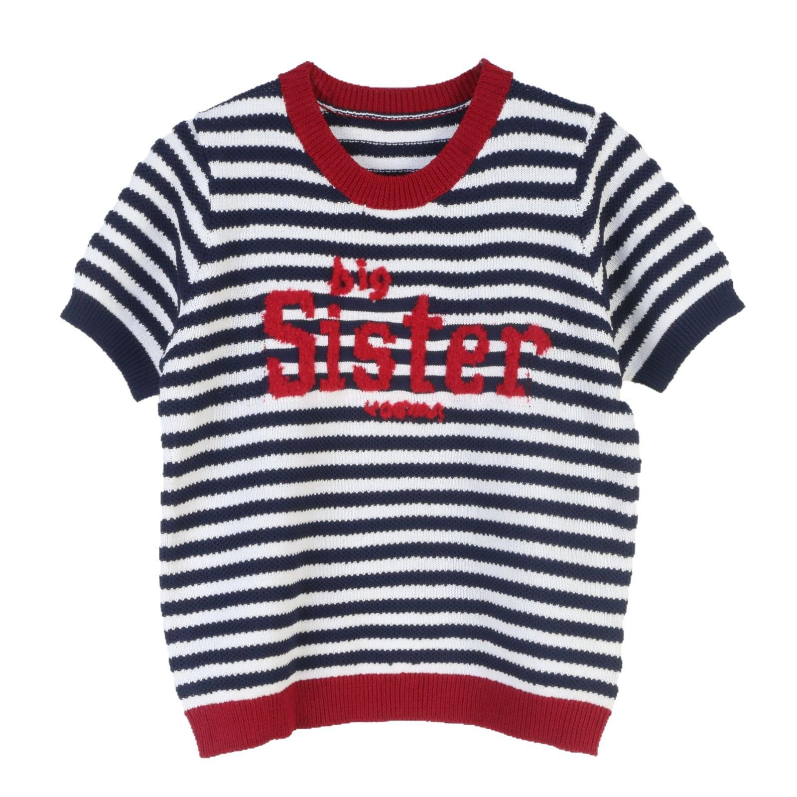 

Пуловер вязаный с коротким рукавом и круглым вырезом в корейском стиле в полоску для весны и лета M