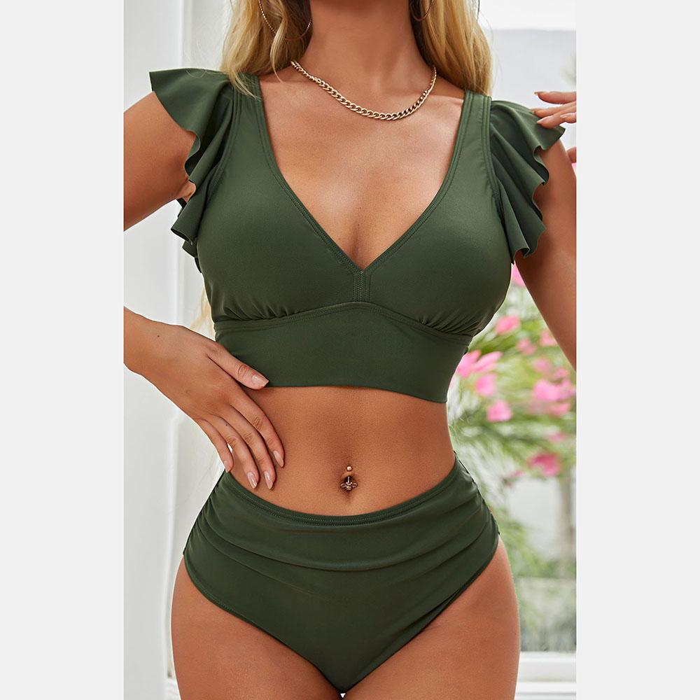 

Charmleaks женский комплект бикини из двух частей с рукавами в виде листьев лотоса и V-образным вырезом, мягкий купальник, однотонный, с высокой талией, плавками M зелёный