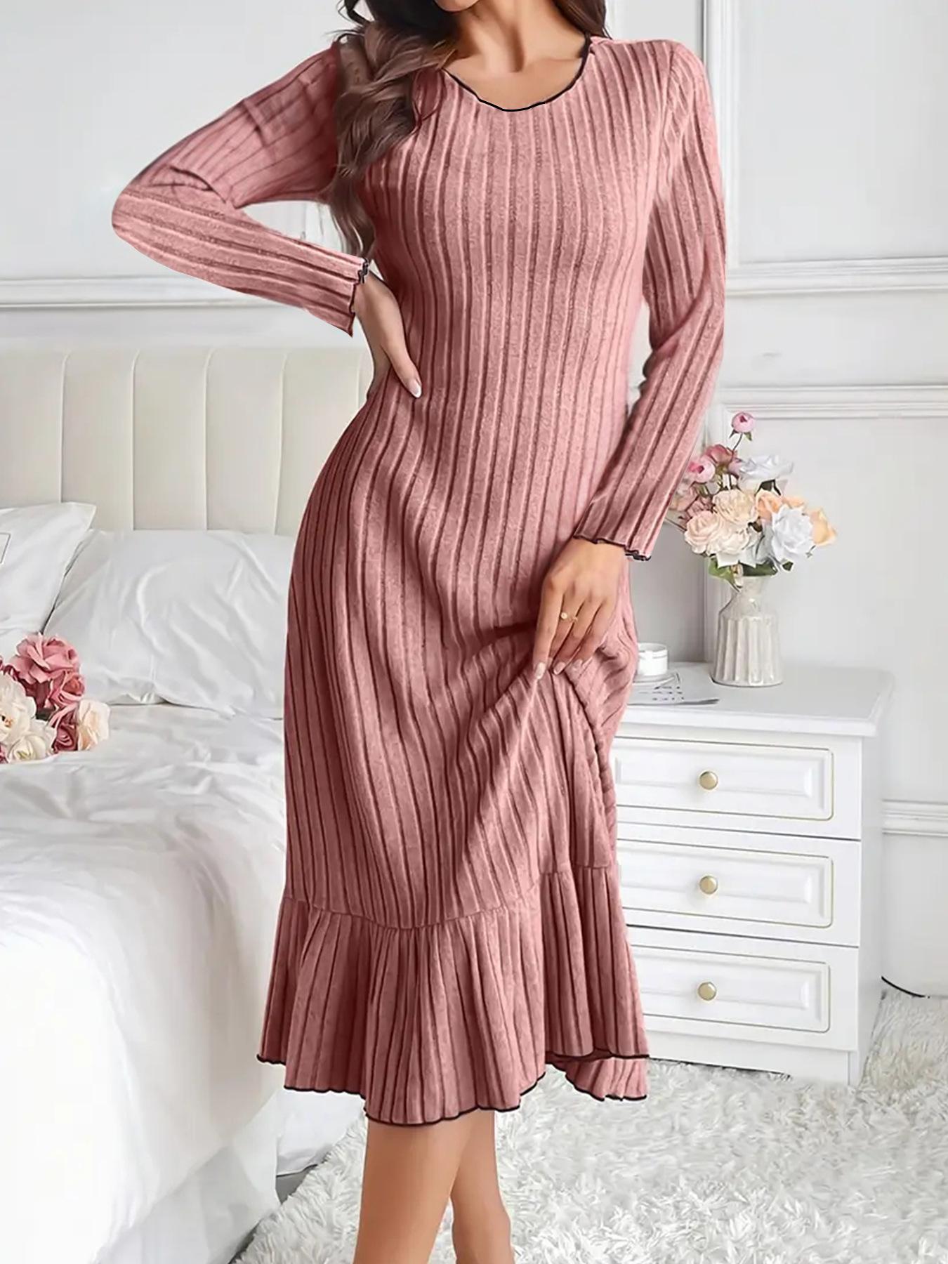 Amazon European and American autumn and winter new European and American dresses long sleeves solid color, fungus edge fashion women s clothing S