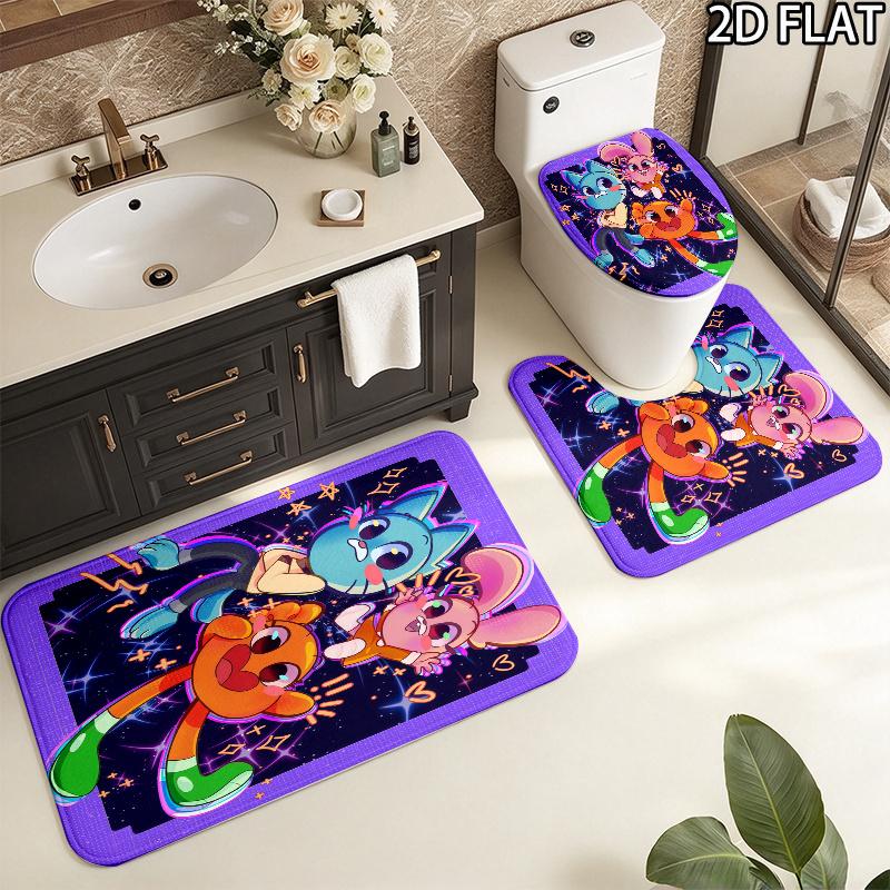 3pcs The Amazing World of Gumball Pattern Flannel Nonslip Absorbent Washable Decorative Bathroom Home Toilet Seat Cover Mat