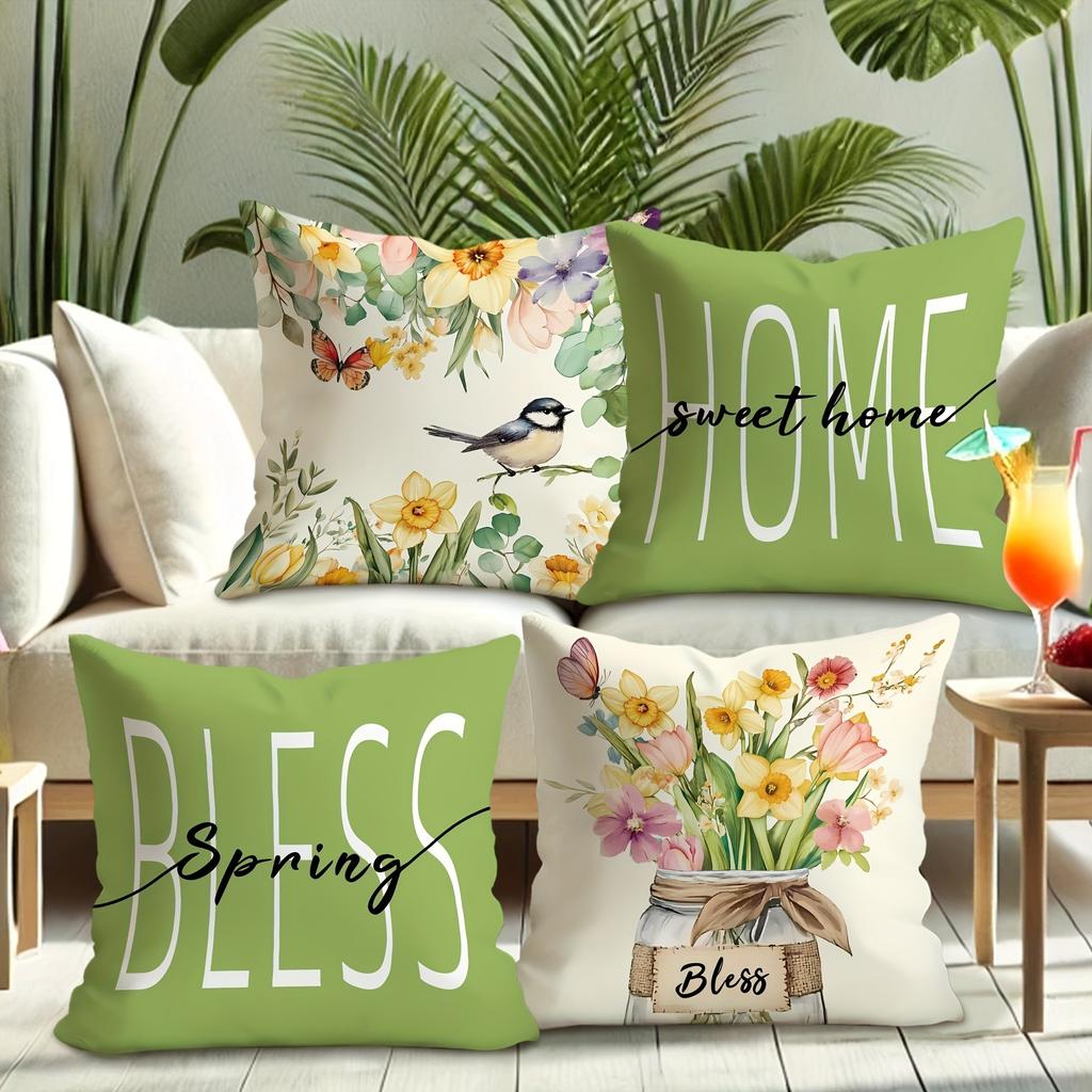 Spring Theme Pillow Cover Fresh and Warm Wind Green Bird Floral Print Pillowcase Sofa Chair Cushion Suite Decoration