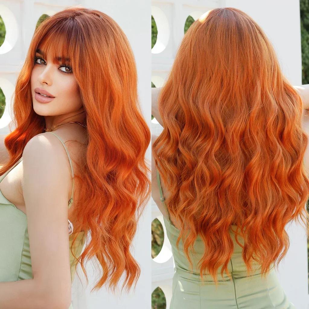 Professional  Loose Long Body Wavy Orange Wig for Women Daily Use Fashion Synthetic LightOrange Curly Hair Wigs with Bangs High Density 28Inch