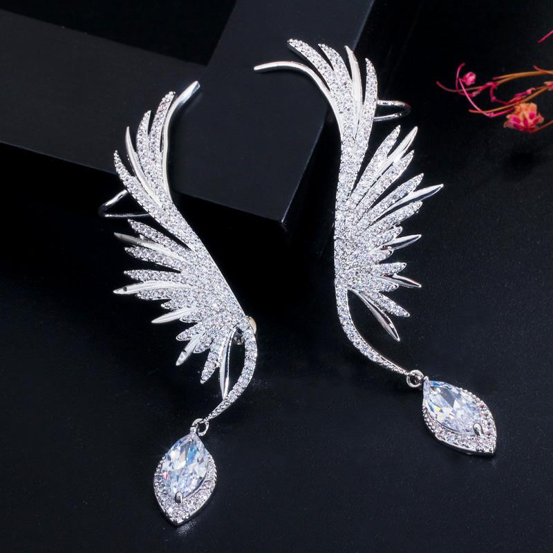 Zircons Luxury Full Cubic Zirconia Pave Popular Big Long Drop Feather Wing Ear Cuff Earrings For Women