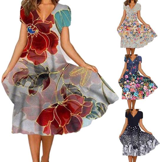 V-Neck Short Sleeve Large Hem Midi Dress Colorful Flower Printing Ladies Casual Dress