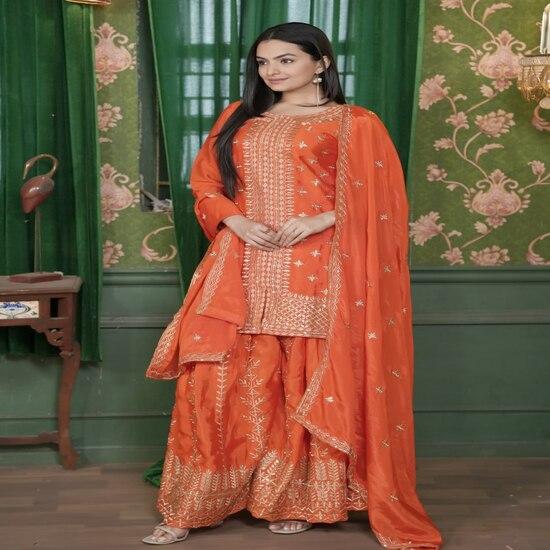 Ensemble Sharara Brodé Orange Tendance
