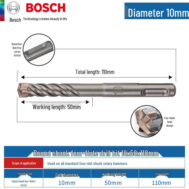 Bosch 5-Series Electric Hammer Drill Bit, Four-Groove, Cross Wall-Penetrating, Extended Length, Round Shank for Concrete.
