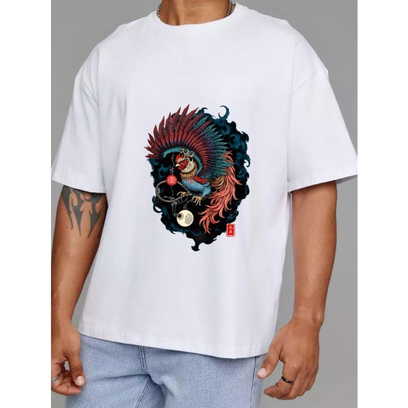 White T Shirt with Phoenix and Yin Yang Design for Casual Wear