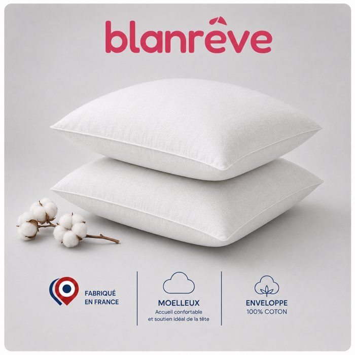 Lot de 2 Oreillers Coton - BLANREVE - 60 x 60 cm - Blanc