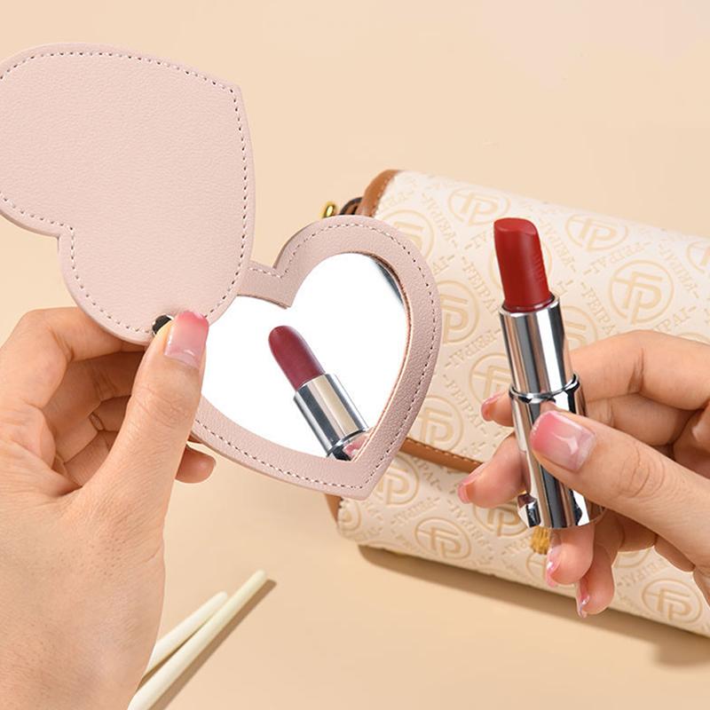 1pc Mini Heart Shaped Makeup Mirror Stainless Steel Portable PU Cover Rotary Cosmetic Mirrors Pocket Mirror Beauty Accessories