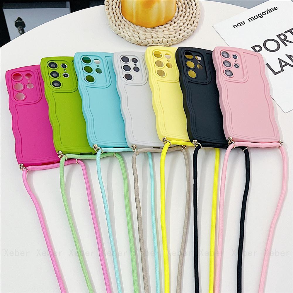 Śliczne kręcone fale naszyjnik na krzyż smycz przewód liny silikonowe etui do Samsung S23 S22 Ultra S21 S20 FE A14 A34 A54 A24 A13 A23 A33 A53 A12 A32 A52