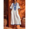Damen Böhmisches Leinen Midi Kaftan Kleid V-Ausschnitt Stickerei Kurzarm Locker Lässig Strand Überwurf Kleid Mit Taschen