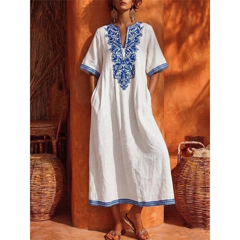 Damen Böhmisches Leinen Midi Kaftan Kleid V-Ausschnitt Stickerei Kurzarm Locker Lässig Strand Überwurf Kleid Mit Taschen