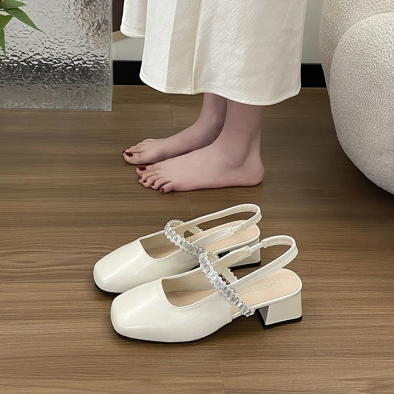 Thick heel Mary Jane bag head sandals female 2025 summer new fairy wind water diamond word with square head shallow mouth single shoes