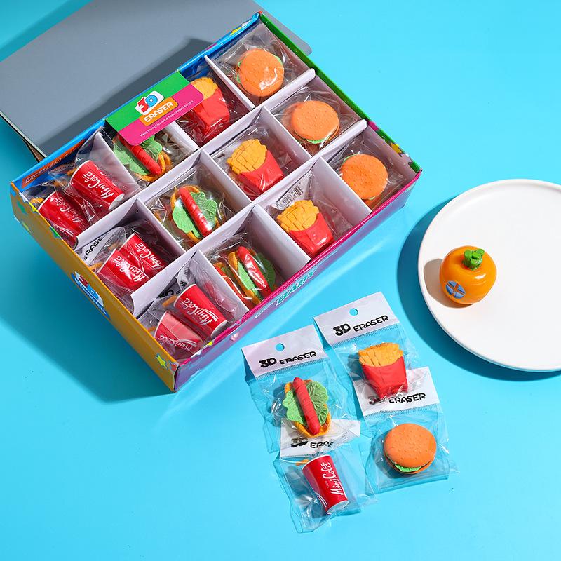 4Pcs/Lot Cute Cartoon Hamburgers French Fries Cola Student Rubber Pencil Eraser Simulation Food Eraser Kids School Supplies Gift