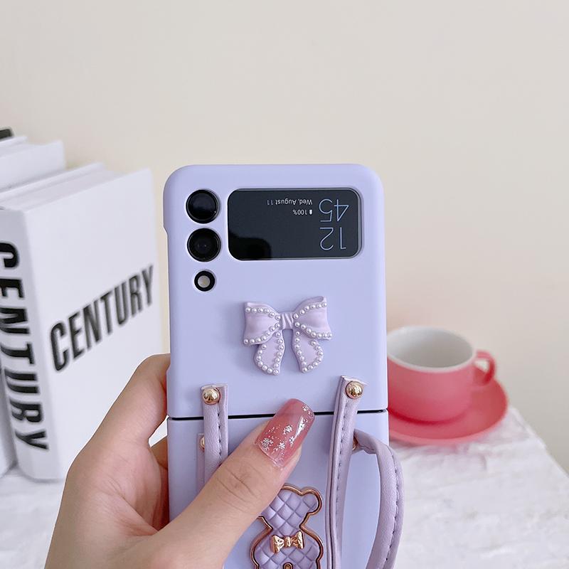 For Samsung Galaxy Z Flip 4 3 5g Cover Fashion Korean 3d Bear Bow -Knot Hand Strap Portable Lanyard Hard Pc Shell For Z Flip3 Bag