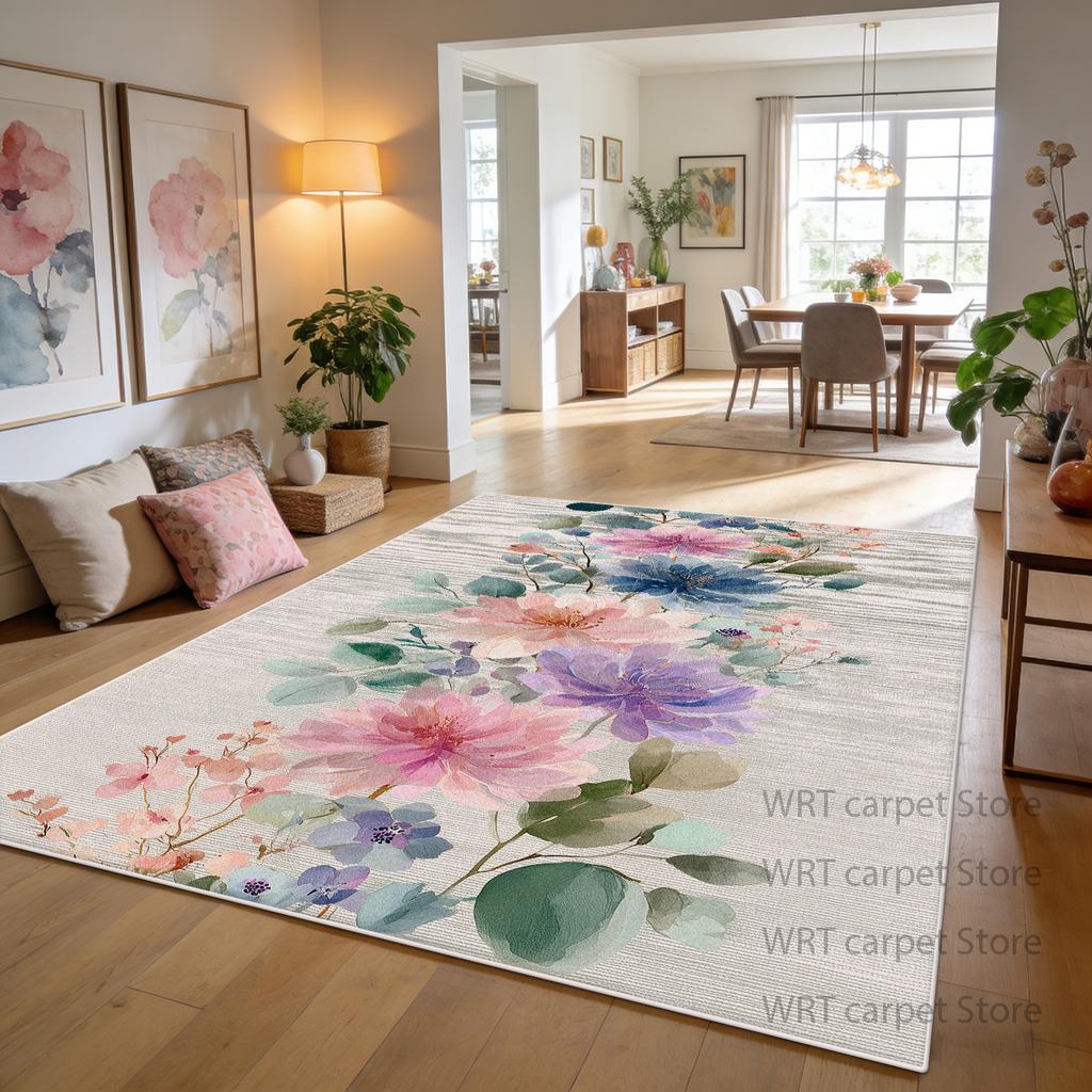 Cream Pink Color Floral Decoration Home Carpet Living Room Dining Room Area Non-slip Rug Patio Foldable Short Velvet Floor Mat