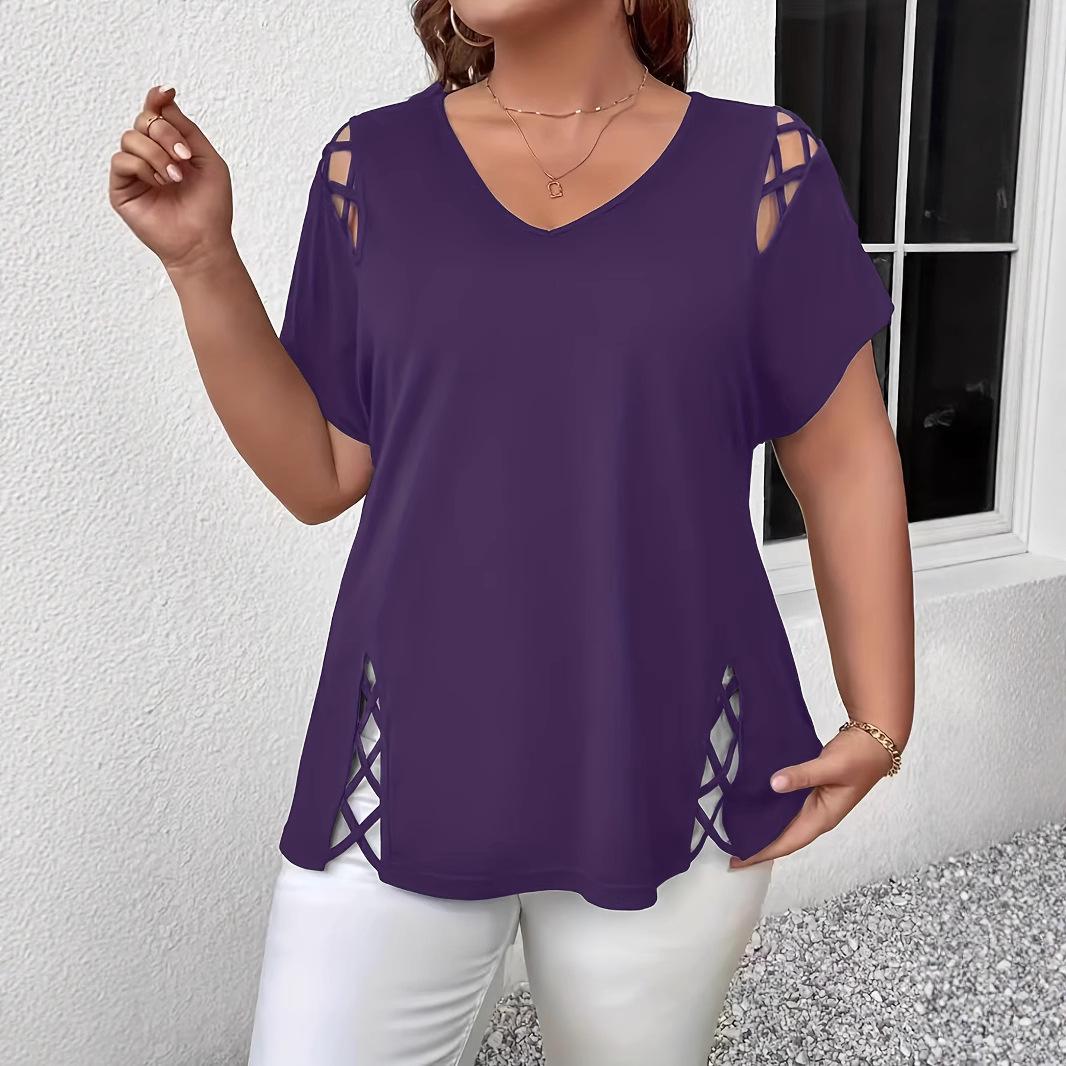 

V-neck Criss-cross Strap Plus Size Women s Summer Short-sleeved T-shirt 2026 Large фіолетовий