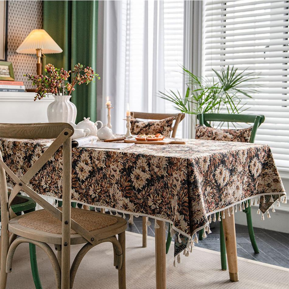 French Rural Tassels Tablecloth,Flower Oil Painting Pattern Rectangle Dust-proof Cover For Tea Table Wedding Dining Room Decor