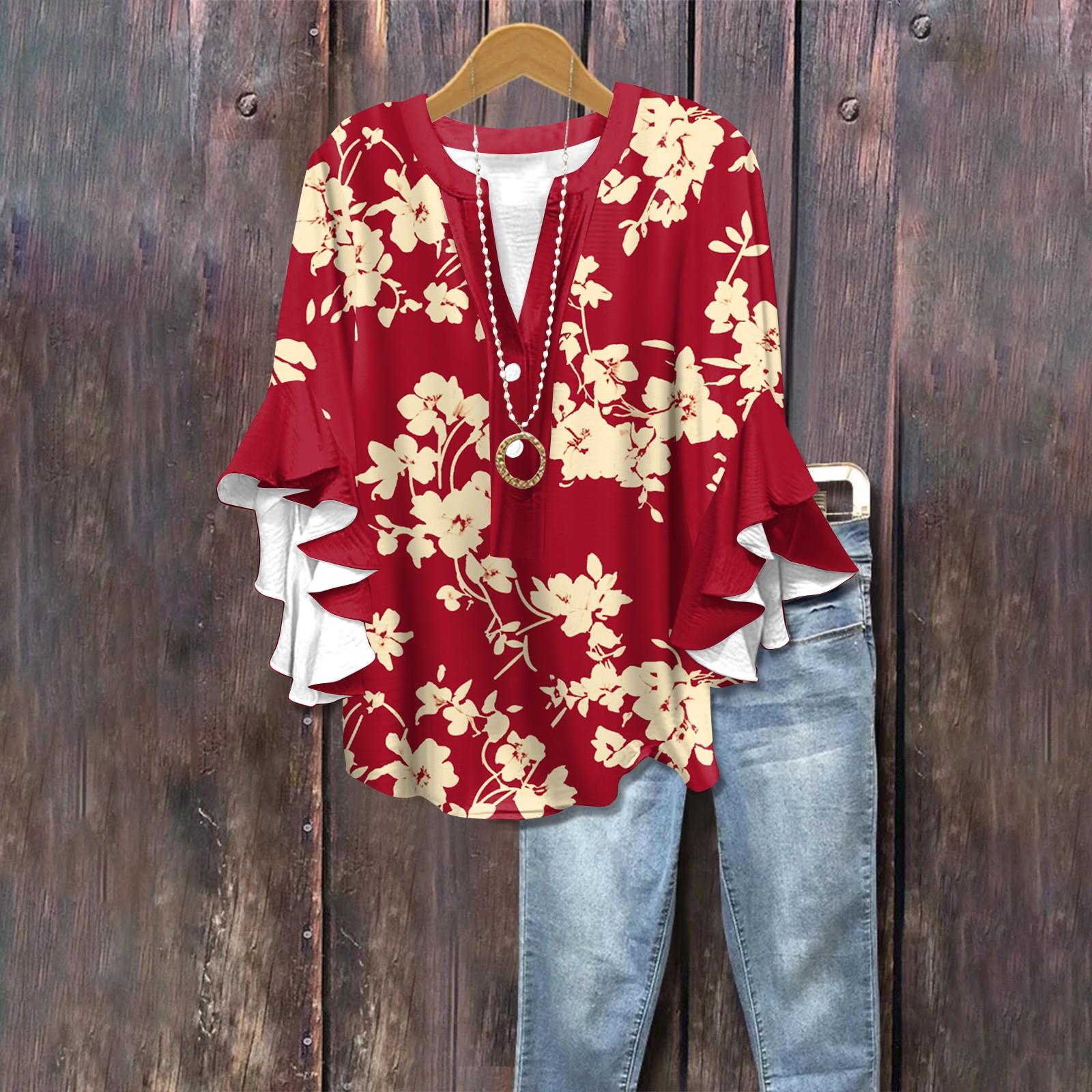 

Летние топы для женщин, симпатичные блузки с V-образным вырезом и рукавом 3/4, повседневные рубашки с цветочным принтом XL красный