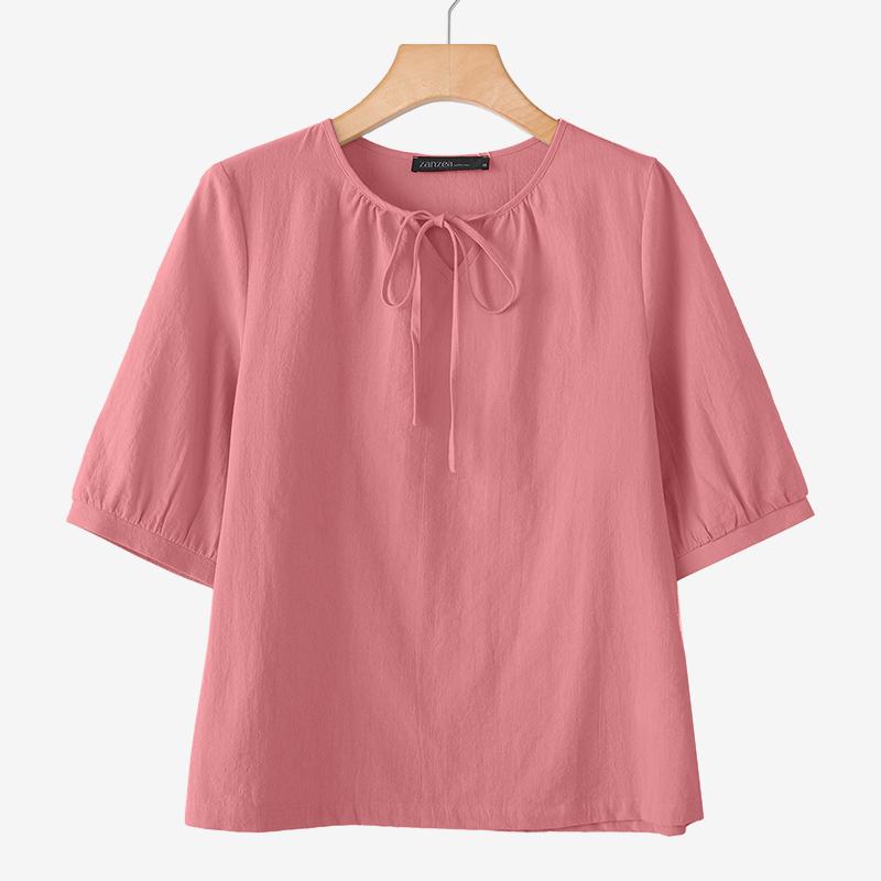 ZANZEA Women Casual Round Neck Loose Short Sleeve Cotton Blouse