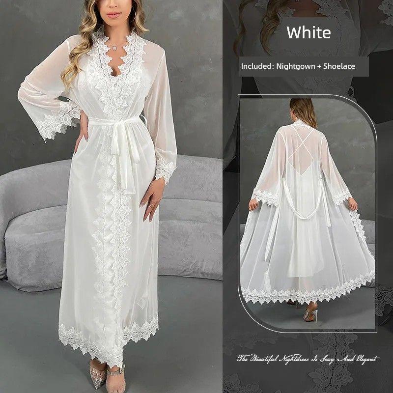 

2025 Fashion Style Pajamas Two-piece Set/Mesh Nightgown + Ice Silk Nightdress/Thin Transparent Tempting Date Pajamas White Nightgown L