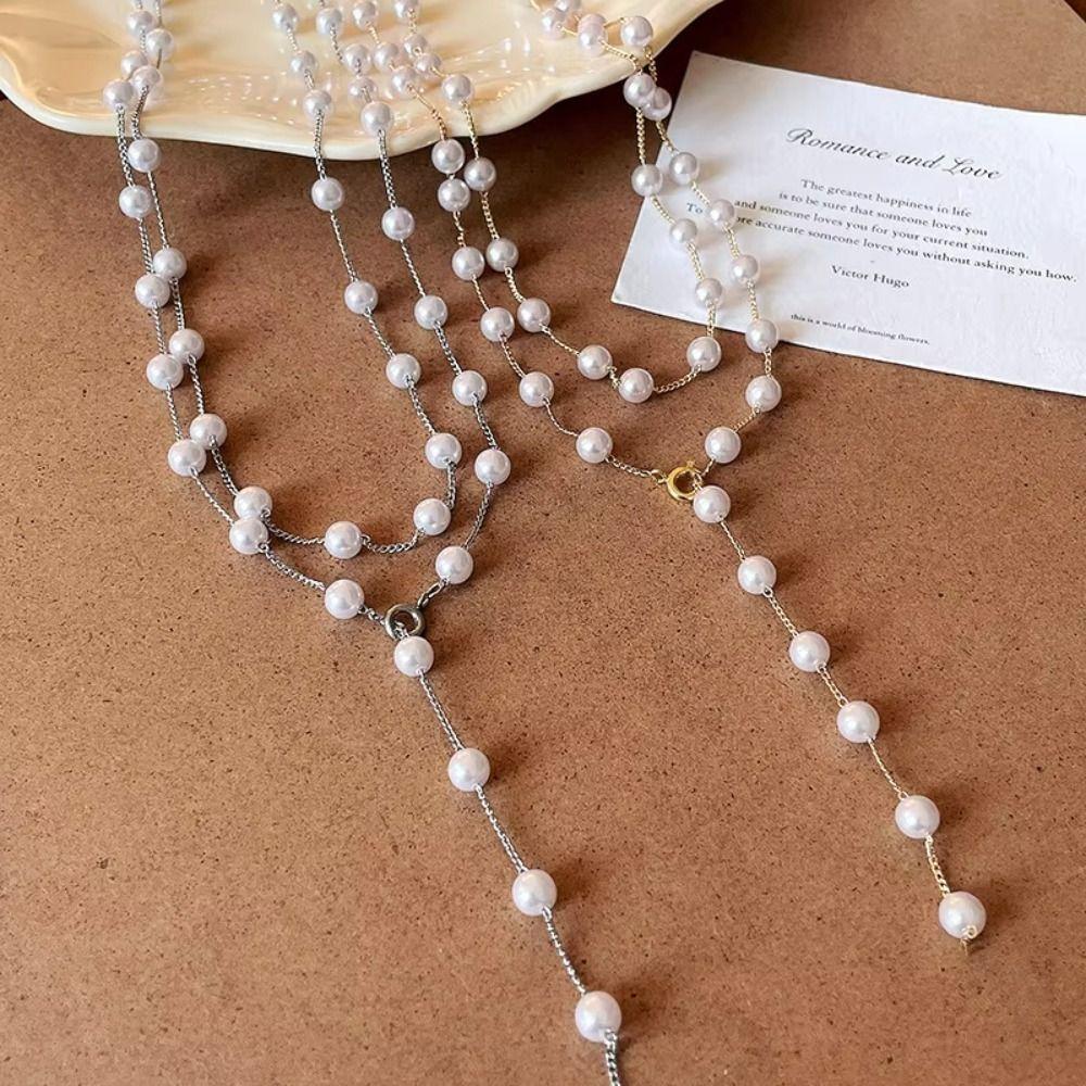 Fashion Long Pearl Necklace Double-layer Collarbone Chain High-end Sweater Chain Dress