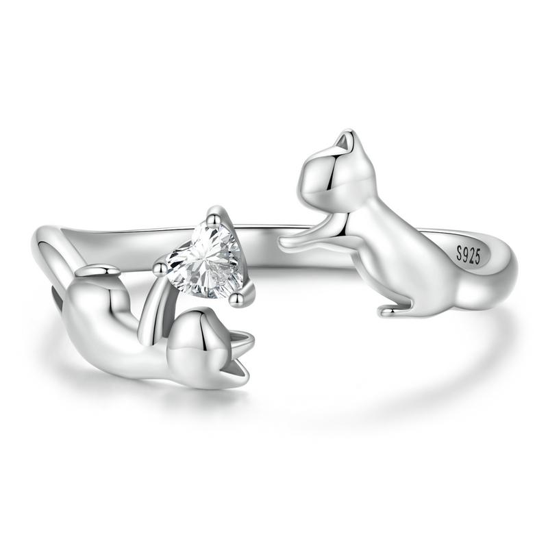 WOSTU 925 Silver Pet Cat Stackable Opening Ring For Women Snake Dog Adjustable Rings Fine Jewelry Party Birthday Gift