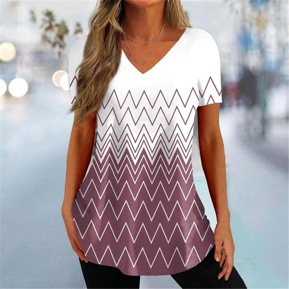 Simple Curve Digital 3D Print Fashion Women Tshirt Pullover Daily Suitable All Seasons Splicing Short Sleeves Polyester V-Neck