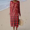 Women's Fashion Casual Long Sleeve Retro Floral Print Round Neck Pocket Elegant Temperament Dress