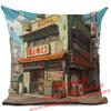 Cartoon Straßenecke Leinen Kissenbezug Japan Architekturstil Heimdekoration Wohnzimmer Sofa Dekokissen Hülle 45x45cm