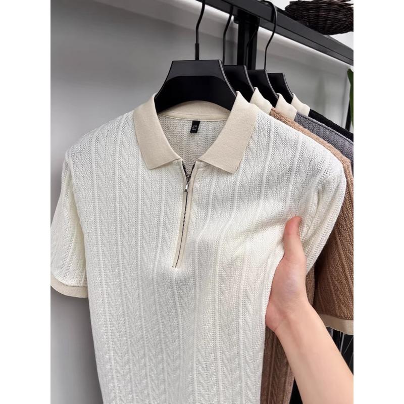 Men s Off-White Cable Knit Half-Zip Short Sleeve Polo Shirt M белый