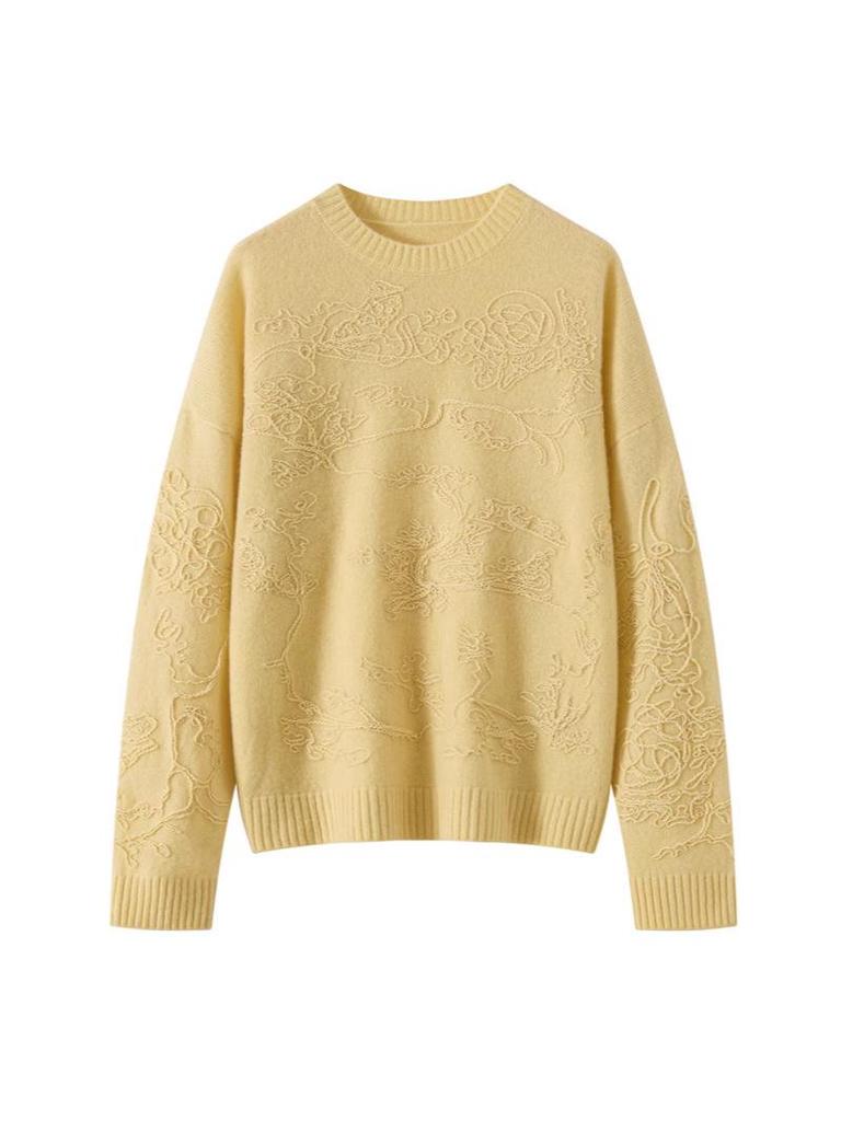 Women's Jacquard Design Wool Sweater: French Autumn/Winter Slimming Round Neck Long Sleeve Pullover.