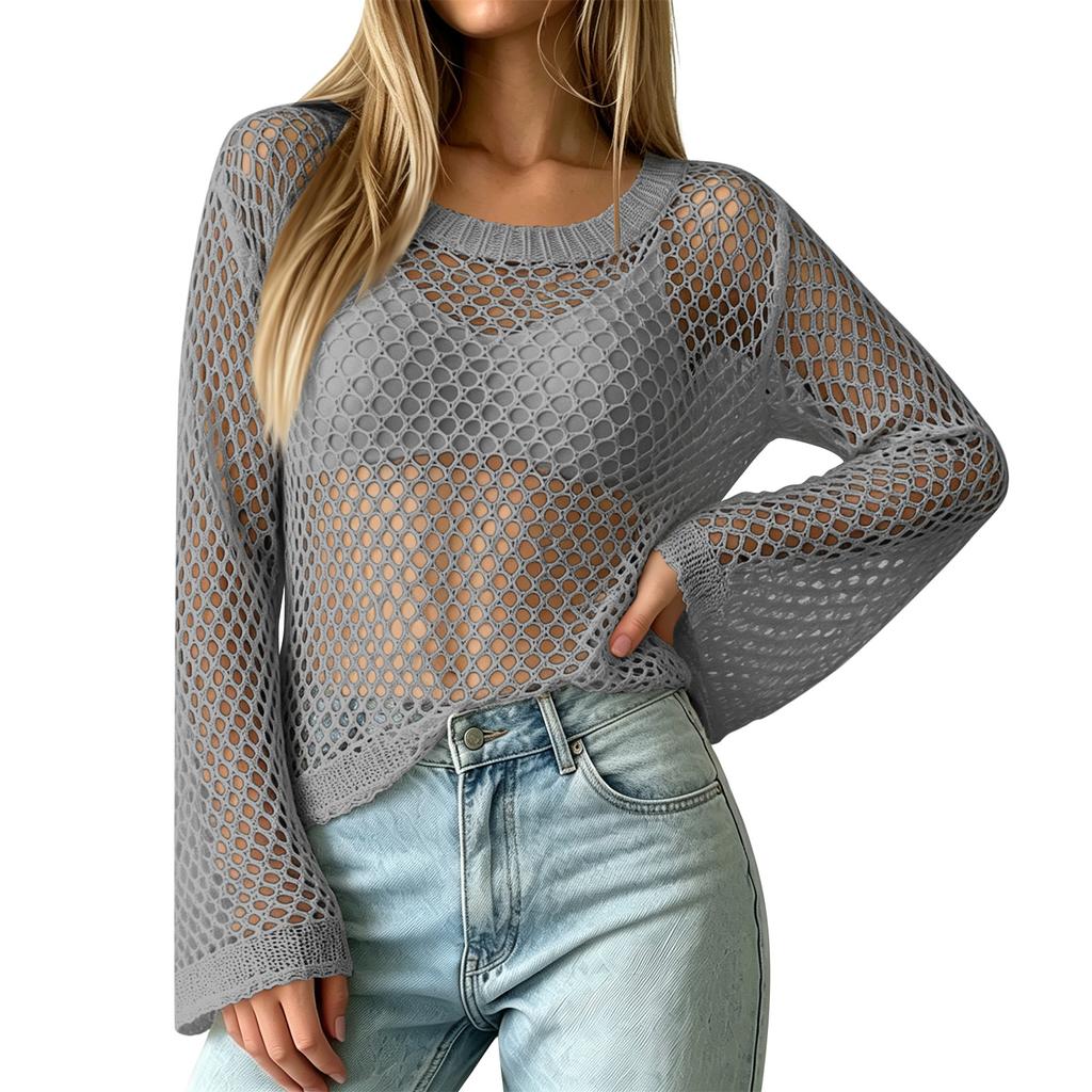 Women Casual Crochet Hollow Out Sweater Top Lightweight Knit Mesh Pullover Half Sleeve Beach Swim Cover Up Blouse