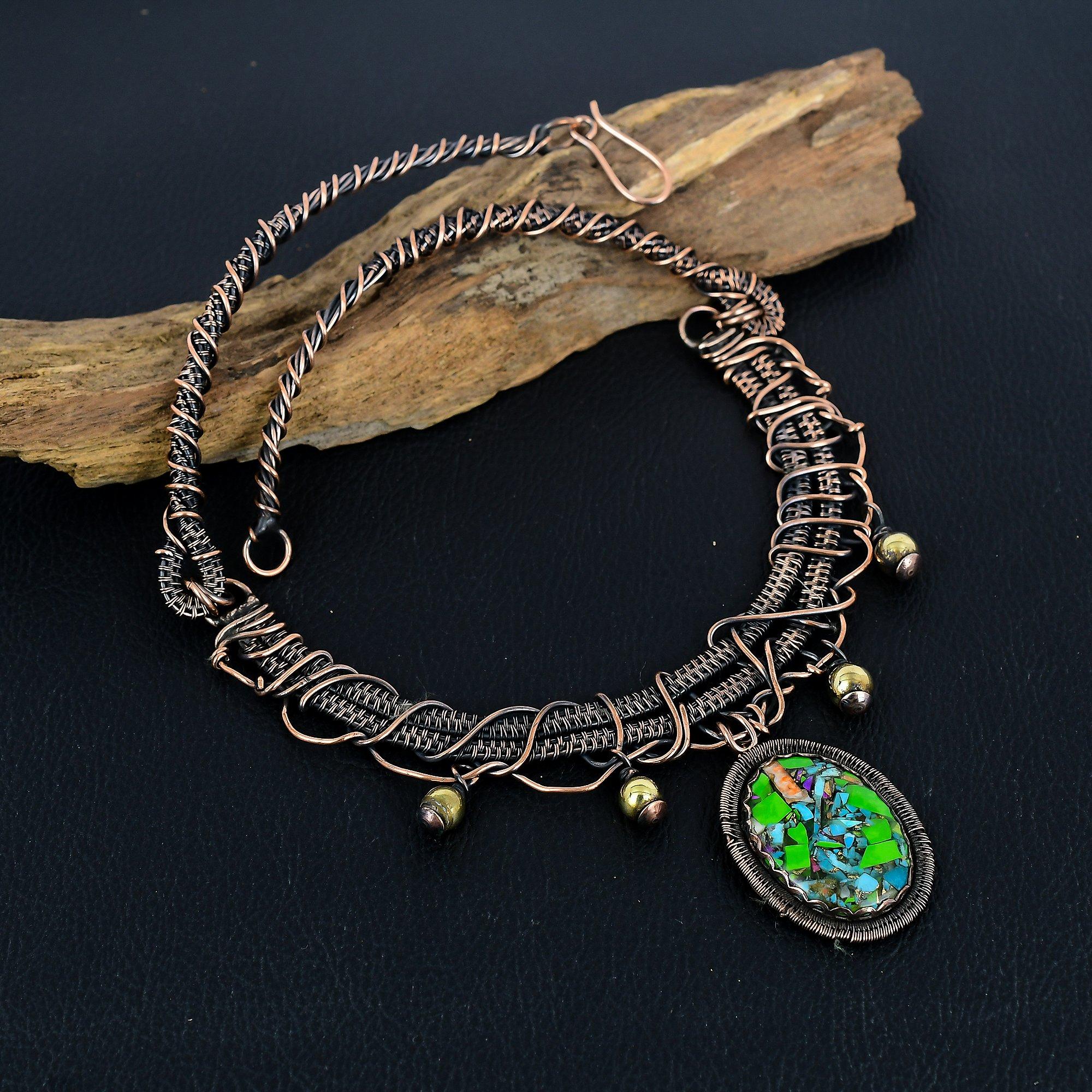 

Ожерелье с бирюзой Кингман Фиеста, Ювелирное изделие-ожерелье, обернутое медной проволокой 999 пробы, Ожерелье из драгоценных камней с регулируемой цепочкой, Ювелирное изделие ручной работы, Подарок для друга