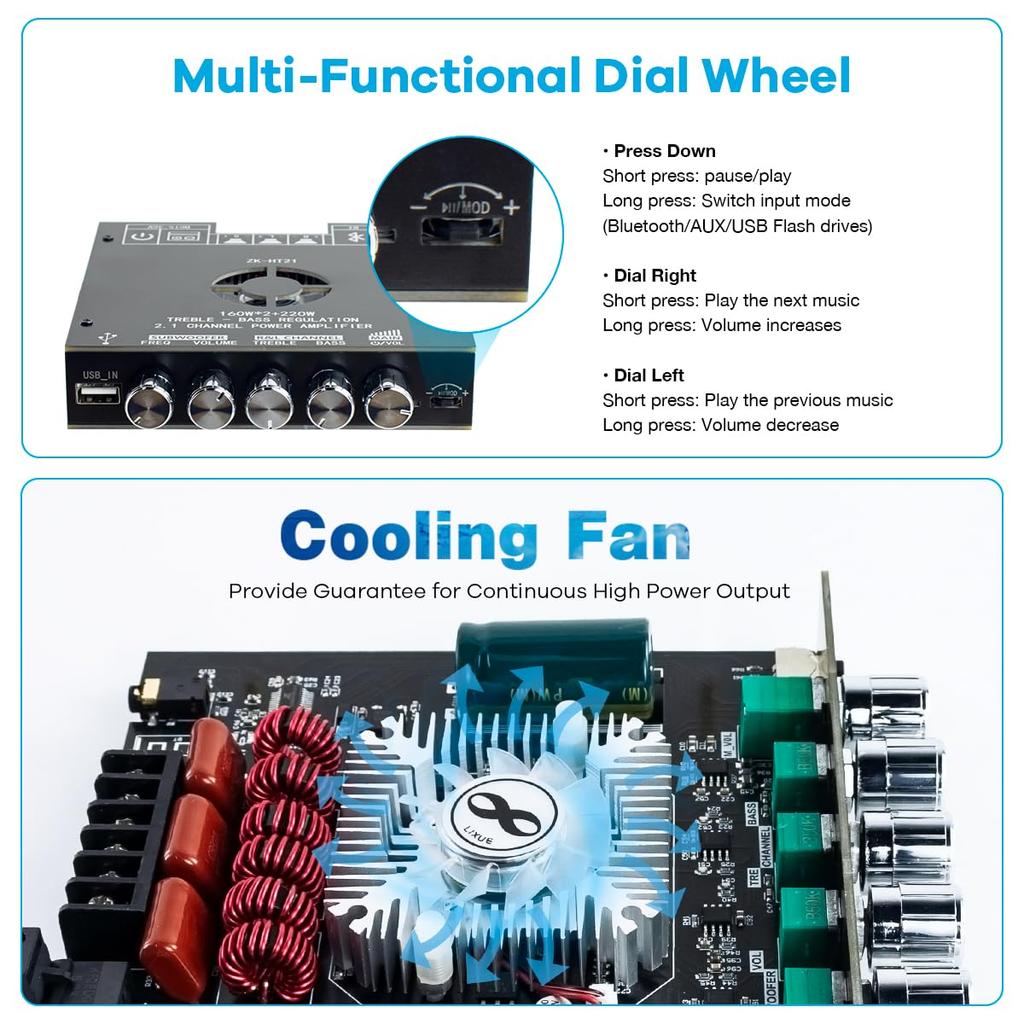 TDA7498E Bluetooth Amplifier Board 160W×2+220W Subwoofer 2.1 Channel Audio Receiver Power Amplifier Module w/ Treble and Bass Control for DIY Speakers