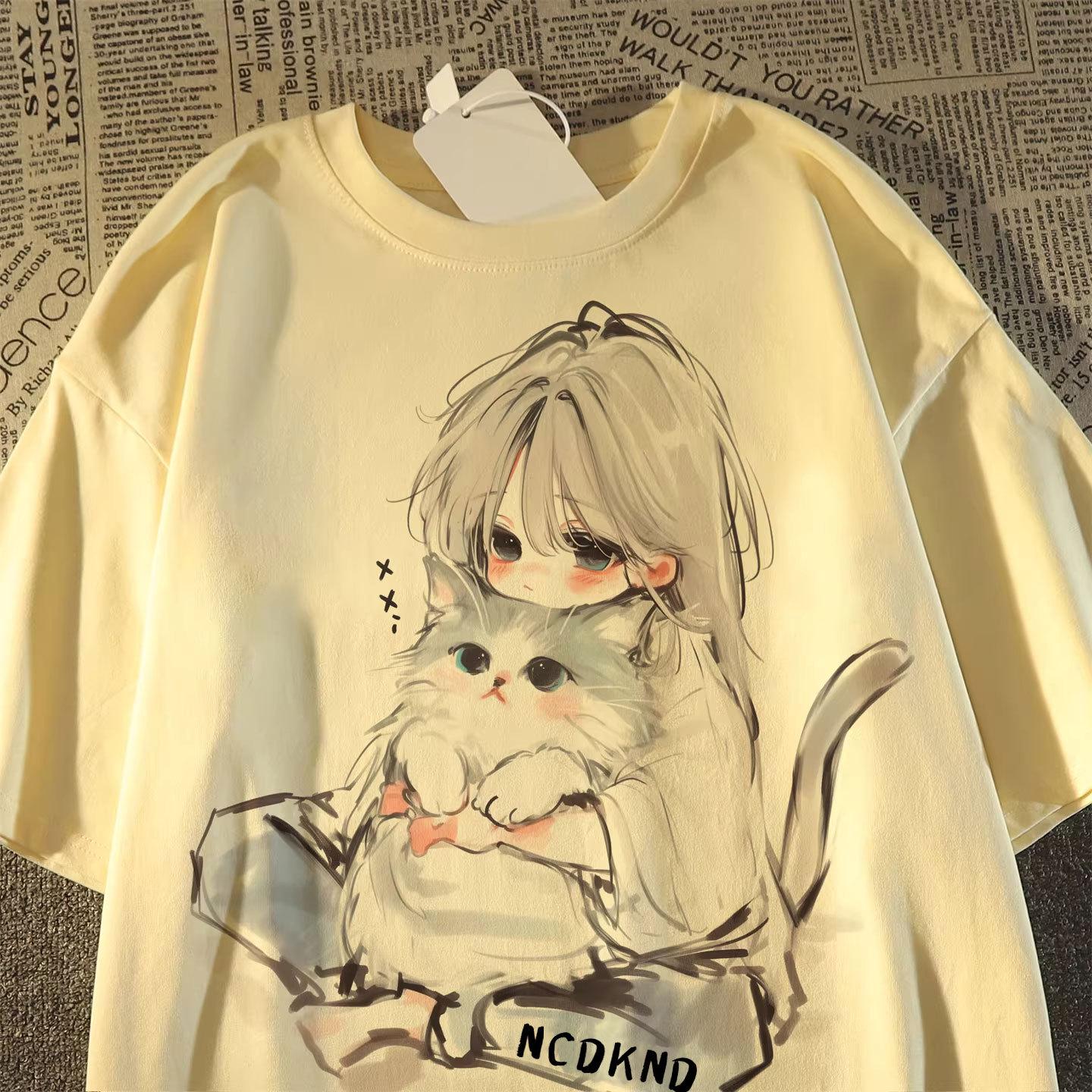 

Unisex Summer Cat Print Cotton T-shirt - Casual Cool Style, Half Sleeve M [80-100 jin] абрикосовый