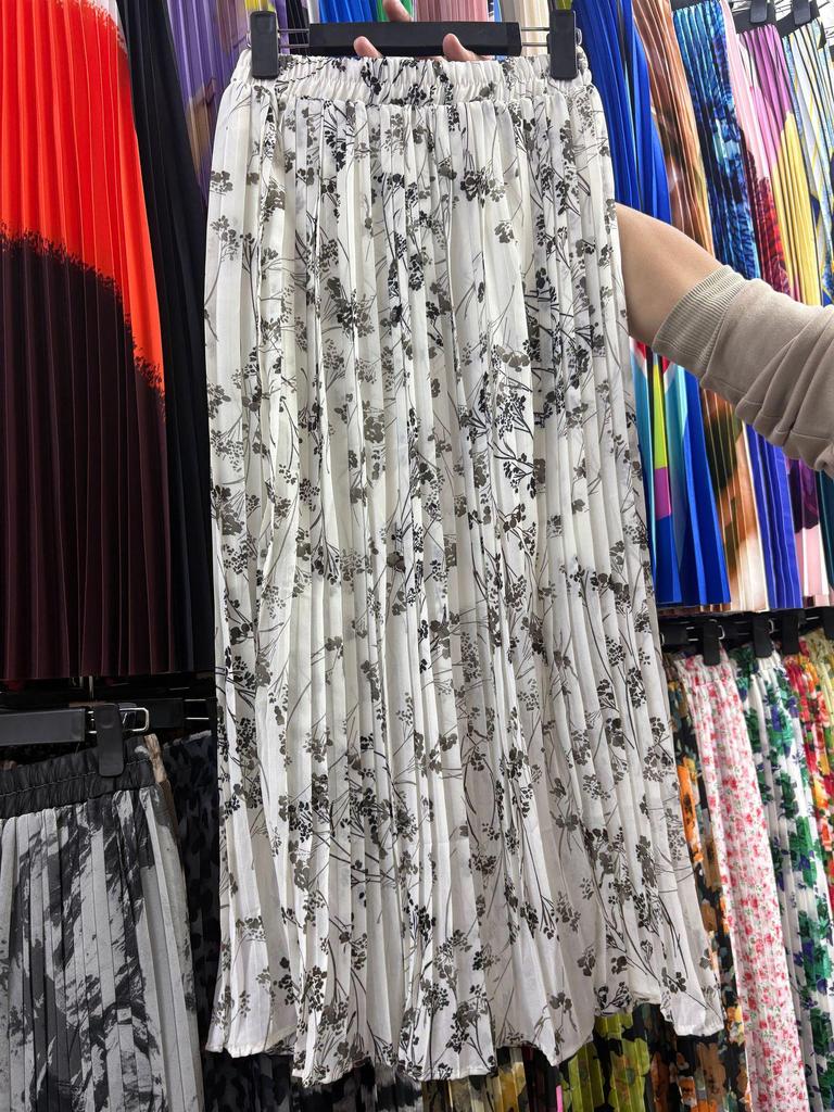 European & American Pleated Print Midi Skirt, Soft Chiffon Fabric, High Waist, Versatile Style
