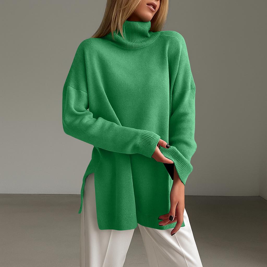 Women's Fashion Casual Solid High Collar Hem Split Long Sleeve Sweater Top