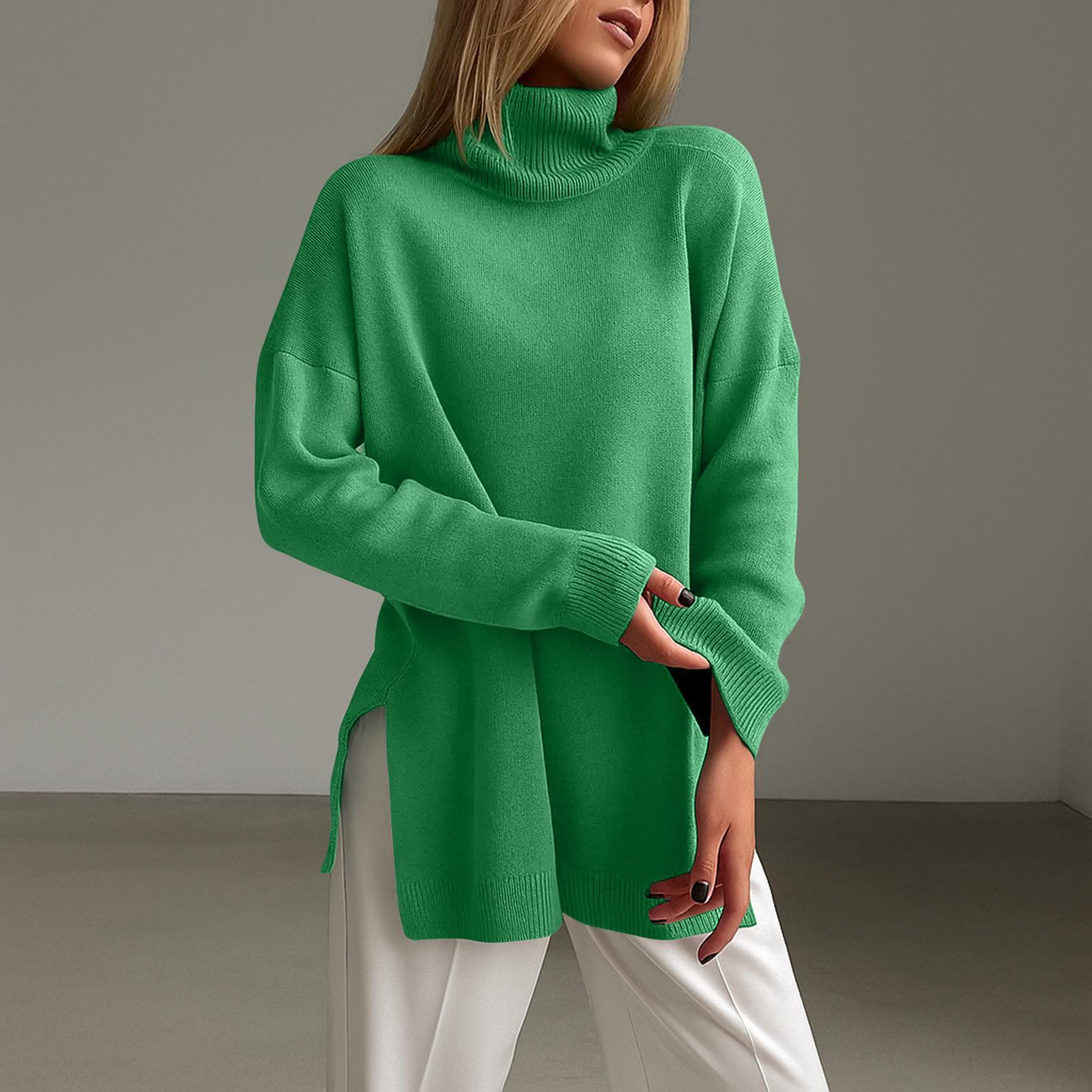 

Женская мода повседневный однотонный свитер с высоким воротником и разрезом на подоле с длинными рукавами S зелёный