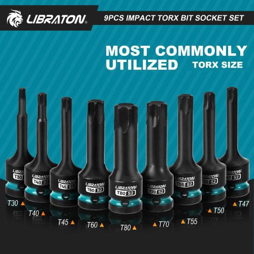 LIBRATON Torx Bit Socket Set, 1/2-inch (12.7mm) Drive, S2 Steel, Star Bit Socket Set, T30-T80, Impact Torx Socket Set, 9-Piece Set