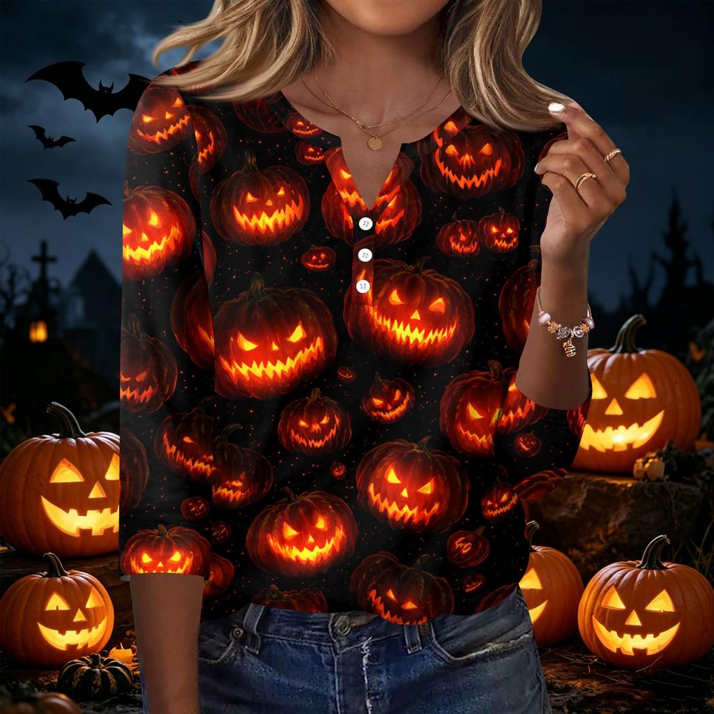 Women Casual Halloween Printed V Neck Button Three Quarter Sleeve T Shirt Top Lightweight Comfortable Fit Seasonal Style