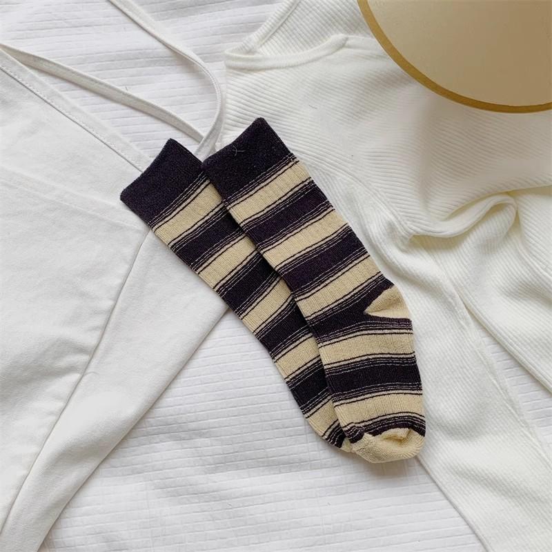 Female Spring and Autumn Vintage Towel Bottom Stripe Solid Color Tall Cotton Socks