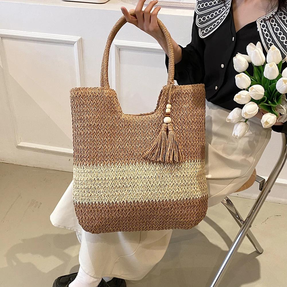 2025 Summer Straw Woven Bag with Tassels Weave  Beach Bag for Women Large Capacity Fashion Shoulder Bag Ladies Boho Knitting Bag