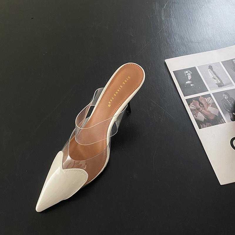 

High heels transparent love surface spring and summer new color matching thin heels women s shoes light mouth bag head half drag pointed women s shoes 35 белый