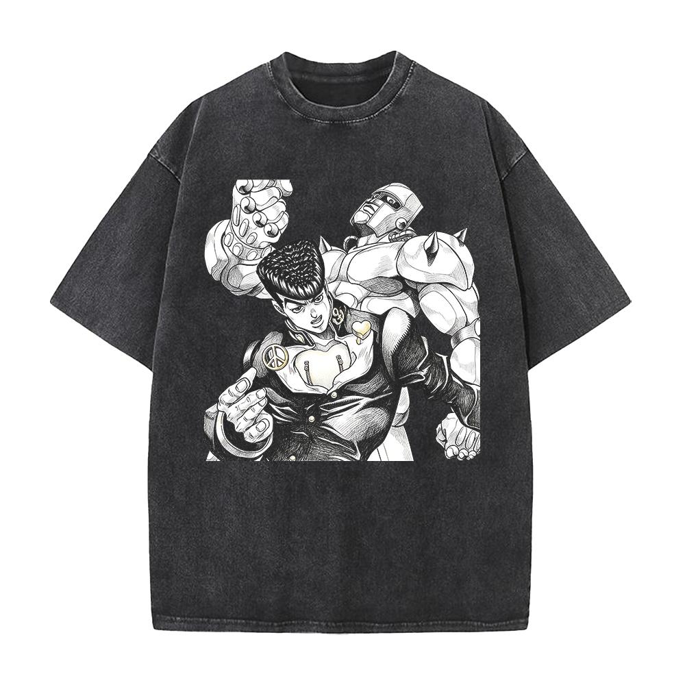 Jojos Bizarre Adventure Josuke Higashikata Anime Printed Streetwear Men Women Vintage Washed Tshirts Oversized Cotton Clothing