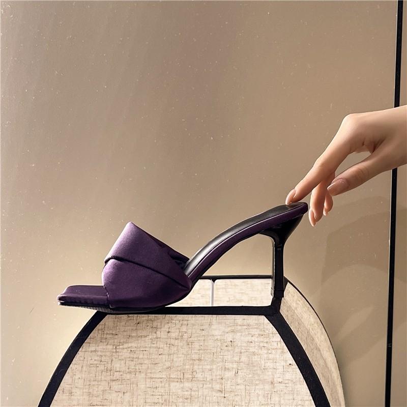 Fashion High-heeled sheos slippers women's new square head leather mules sandals and slippers women's summer outer wear thin heels